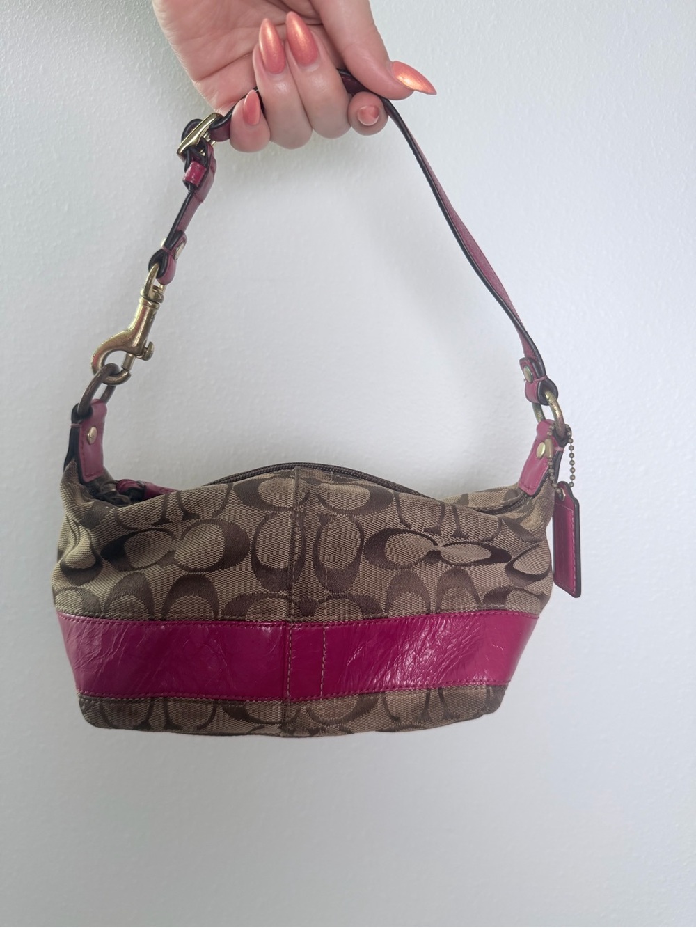 Coach Signature Stripe Pink Mini Shoulder Bag + Matching Keychain Wallet Y2K - Picture 2 of 7